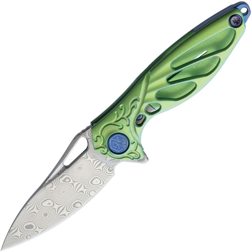 RKMINIG: Rike Hummingbird mini framelock, green anodized titanium handle, 1.63" Damasteel DS93X blade