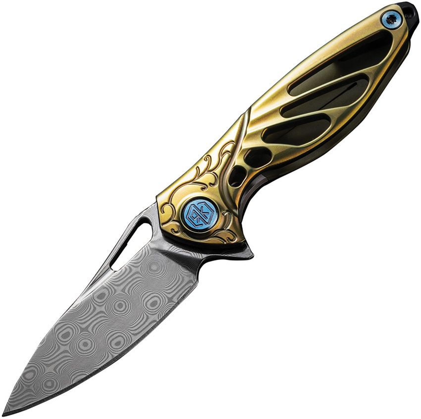 RKMINIGOLD: Rike Mini framelock, gold anodized titanium handle, 1.5" rose pattern Damascus blade