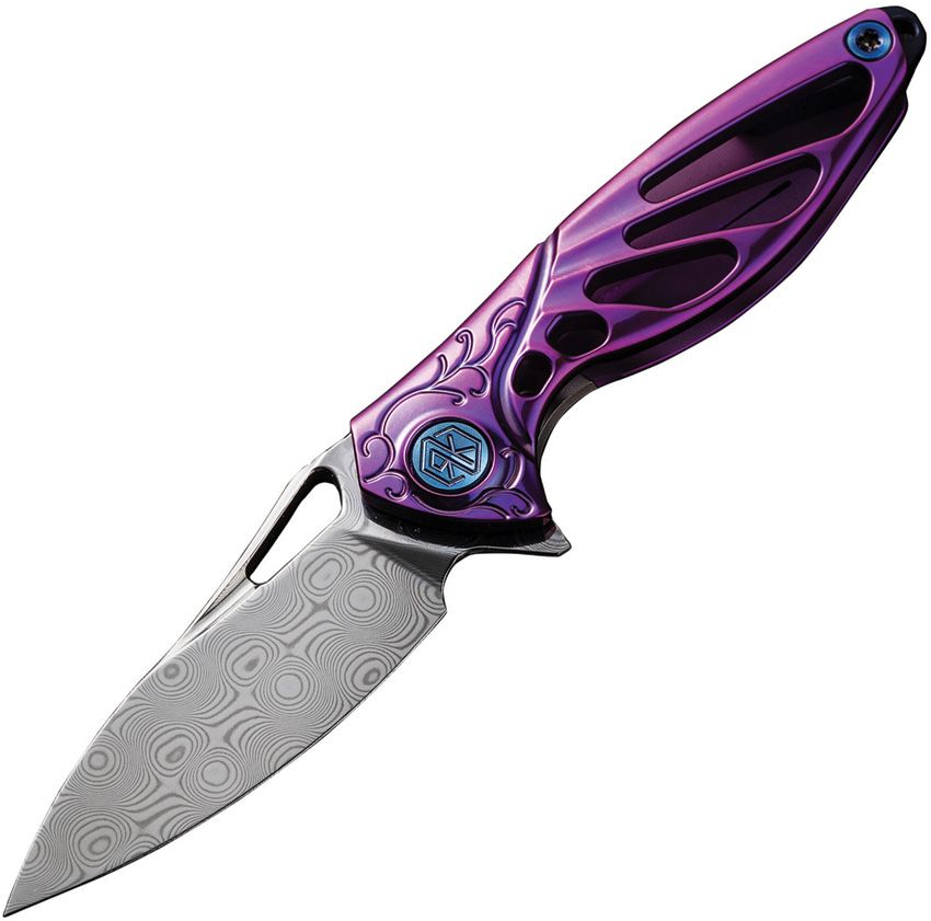 RKMINIPUR: Rike Mini framelock, purple anodized titanium handle, 1.5" rose pattern Damascus blade