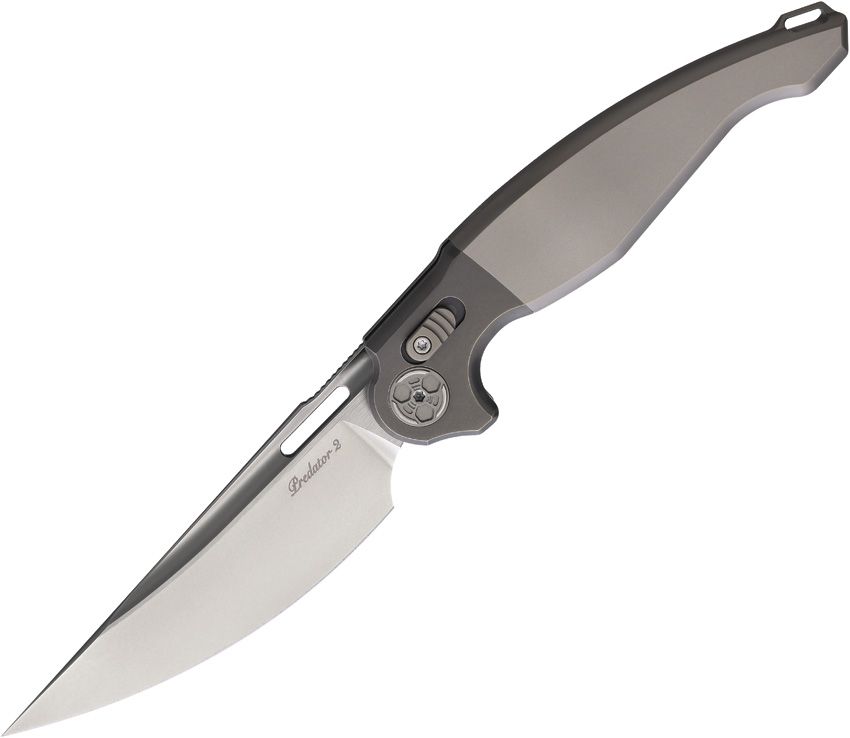 RKPRED2P: Rike Predator 2 crossbar lock, gray anodized titanium handle, 3.5" bead blast M390 blade