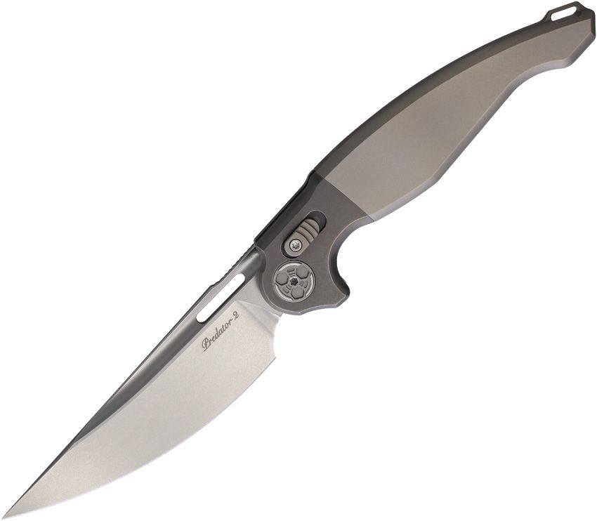 RKPRED2PLAIN: Rike Predator 2 crossbar lock, gray titanium handle, 3.5" satin M390 blade