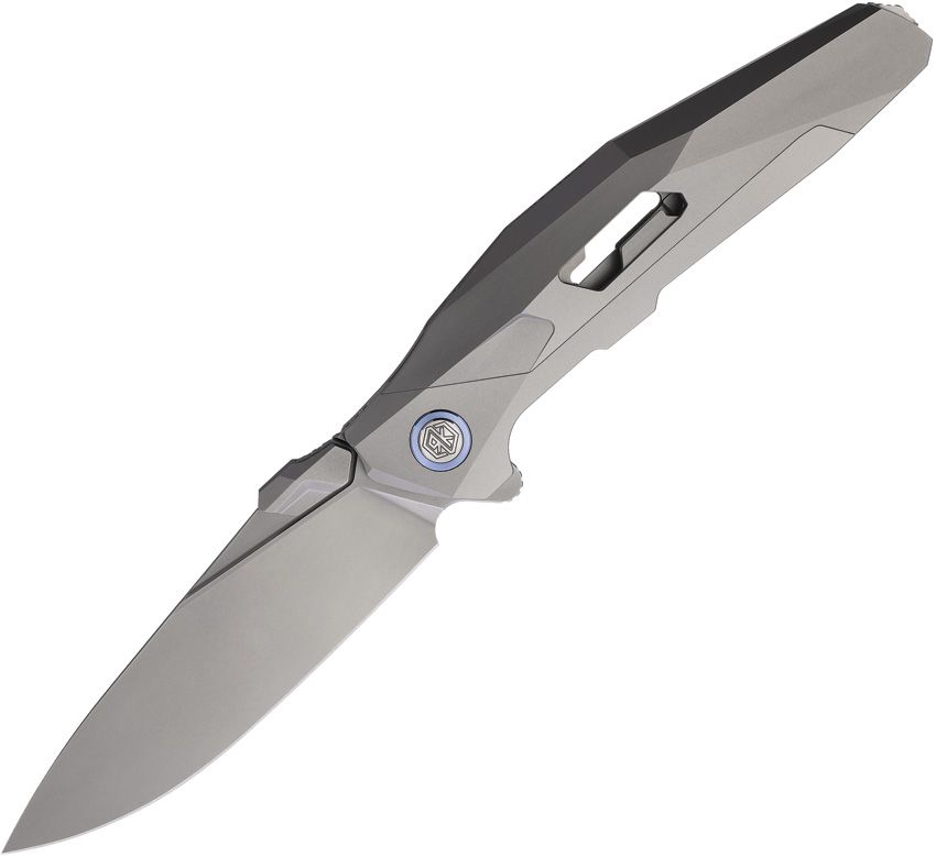 RKSHADOWS: Rike Shadow S linerlock, gray titanium handle with blue accents, 3.75" satin M390 drop point blade