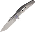 RKSHADOWT: Rike Shadow T linerlock, gray titanium handle with blue accents, 3.75" satin M390 tanto blade