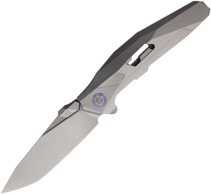 RKSHADOWT: Rike Shadow T linerlock, gray titanium handle with blue accents, 3.75" satin M390 tanto blade