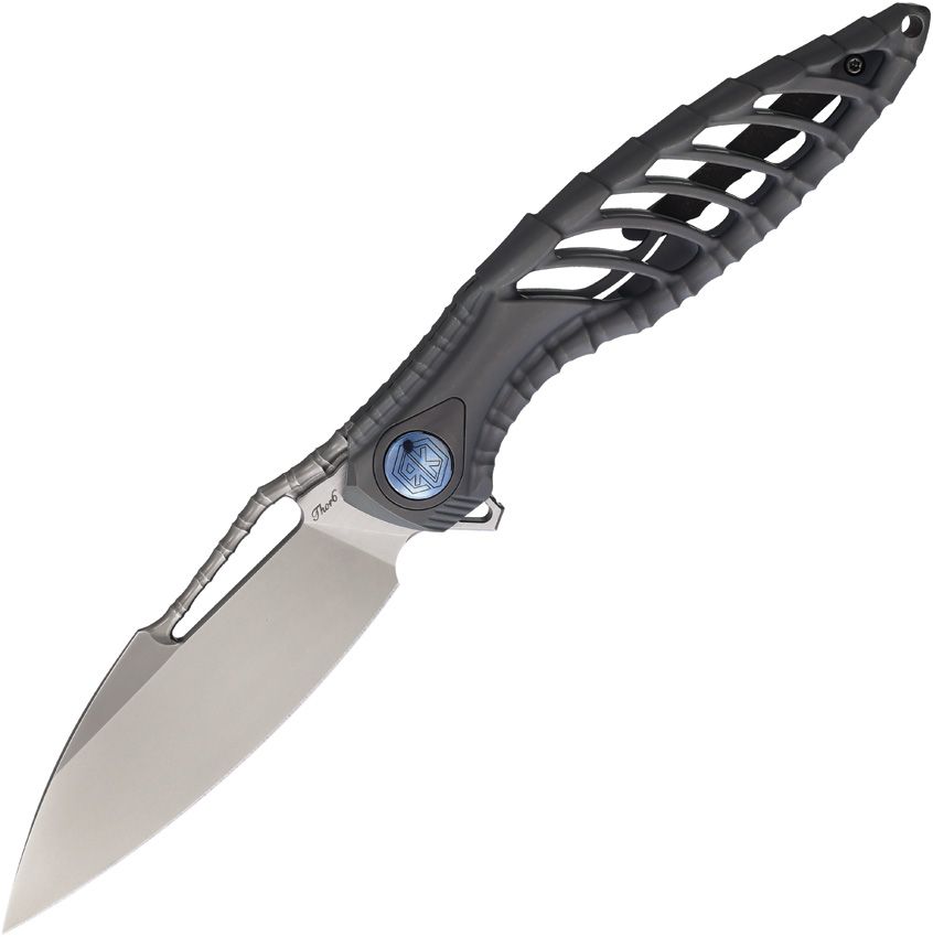 RKTHOR6MDG: Rike Thor 6 framelock, dark gray titanium handle, 3.25" satin M390 drop point blade