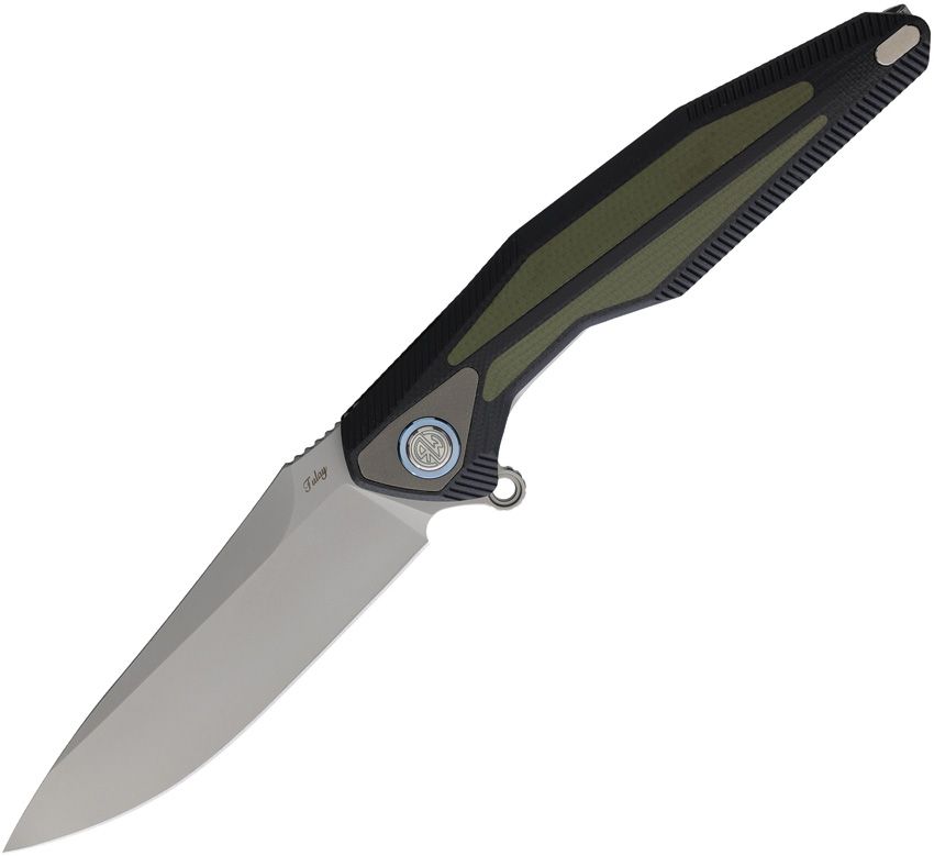 RKTULAYBODG: Rike Tulay linerlock, black and OD green G10 handle, 3.75" satin 154CM blade
