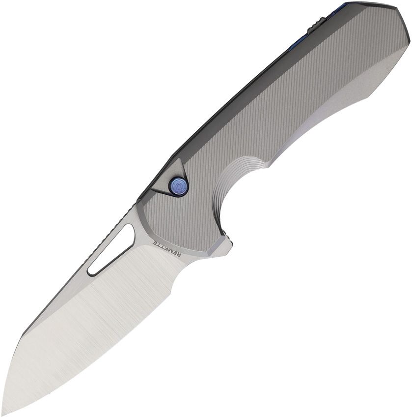 REMETTE Camel button linerlock folding knife with satin M390 sheepsfoot blade and gray titanium handle (RMTCMLT2)