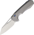 REMETTE Camel button linerlock folding knife with satin M390 sheepsfoot blade and gray titanium handle (RMTCMLT2)