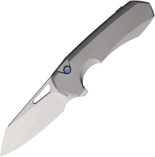 REMETTE Camel button linerlock folding knife with satin M390 sheepsfoot blade and gray titanium handle (RMTCMLT2)