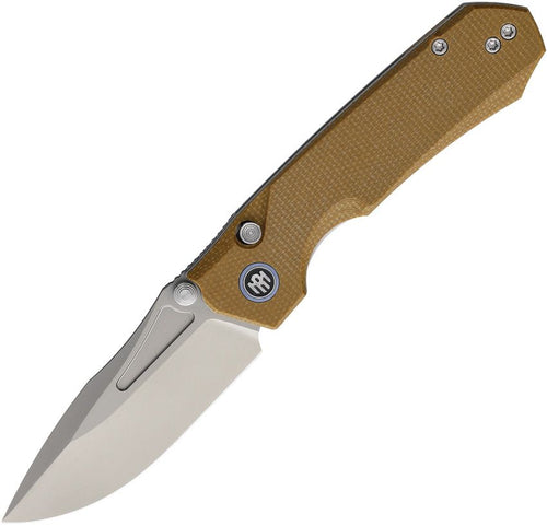 Remette Rhino button lock folding knife with sand blast 14C28N blade and brown canvas micarta handle (RMTMC26A)