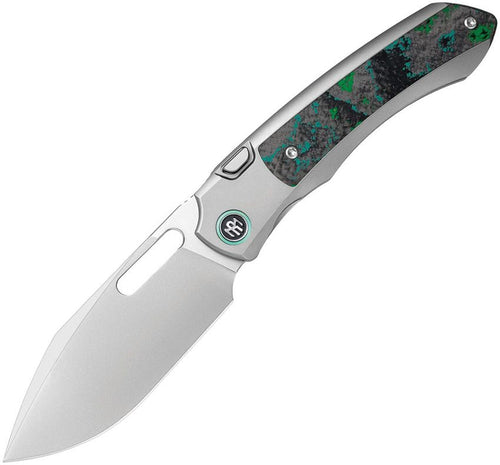 Remette Orca button framelock folding knife with M390 blade and gray titanium handle with Kelp Bed Camo inlay (RMTORCAKD)
