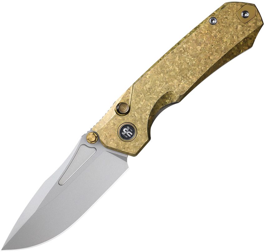 Remette Rhino button lock folding knife with pearlescent M390 blade and gold crystalized titanium handle (RMTRNTB2)