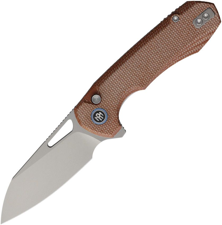 REMETTE Camel button linerlock folding knife with sand blast 14C28N sheepsfoot blade and brown micarta handle (RMTRTCMLF)