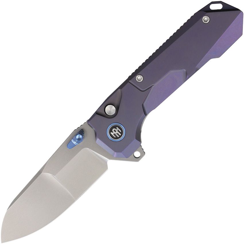 REMETTE Cosmic button linerlock folding knife with pearlescent 14C28N blade and purple titanium handle (RMTRTCOTB)
