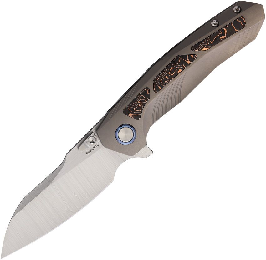 REMETTE Kestrel framelock folding knife with satin S35VN blade and titanium handle with copper foil CF inlay (RMTRTPOC)