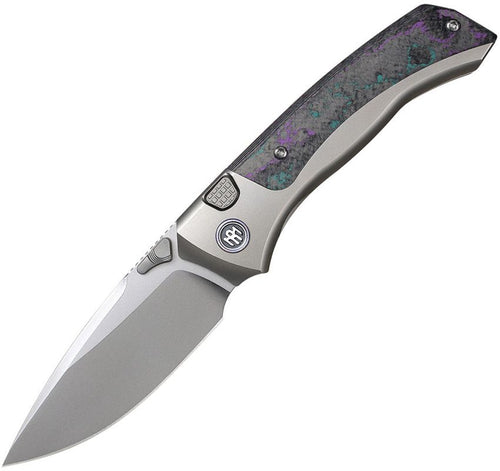 Remette Steed button framelock folding knife with pearlescent M390 blade and gray titanium handle (RMTRTWSTCBB)