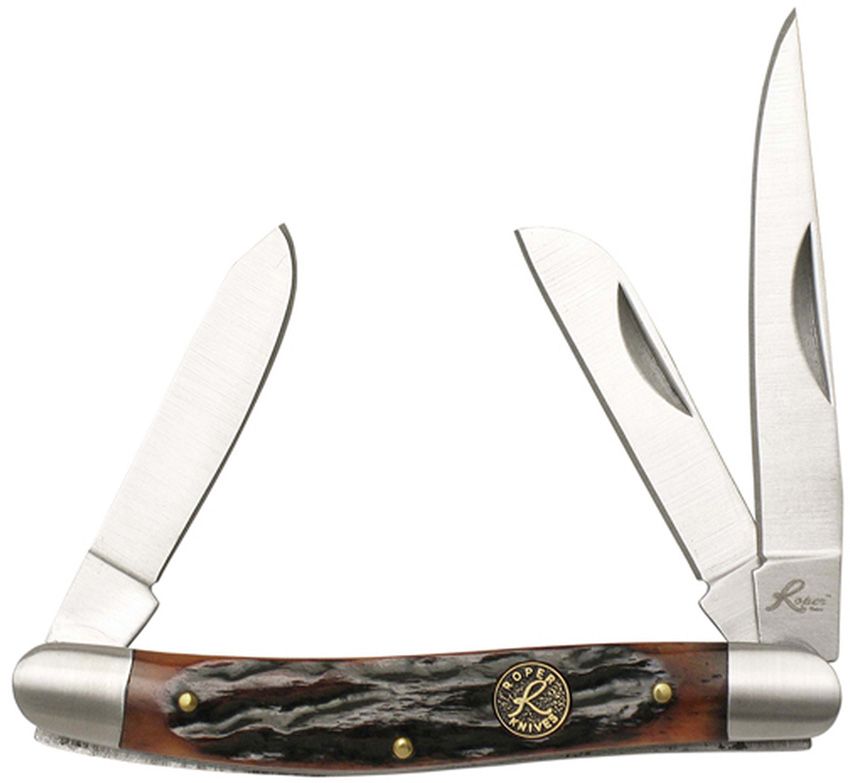 RP0001CBB: Roper Knives Chaparral Stockman, brown jigged bone handle, satin 1065 clip sheepsfoot and spey blades