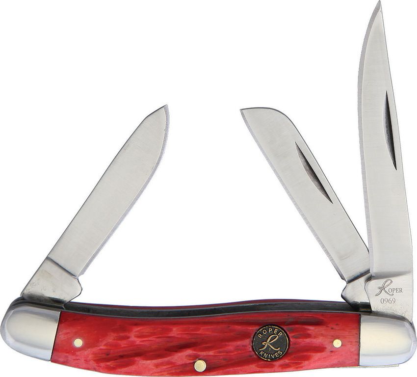 RP0001CRB: Roper Knives Chaparral Stockman, red jigged bone handle, satin 1065 clip sheepsfoot and spey blades