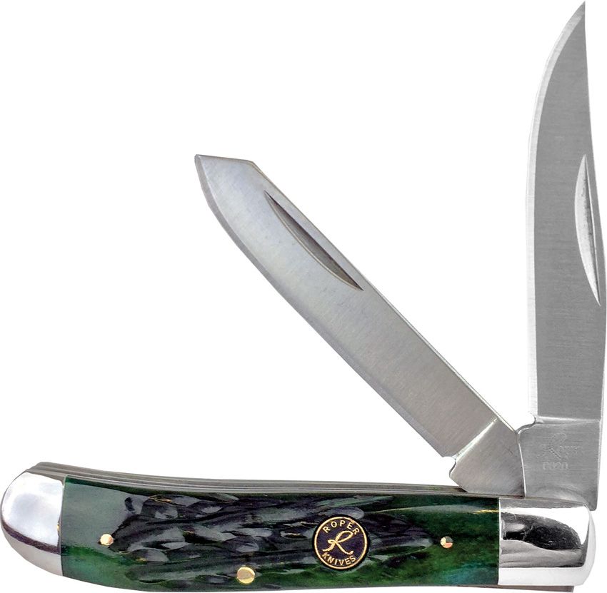 RP0008CGB: Roper Knives Trapper, green jigged bone handle, satin 1065 clip and spey blades