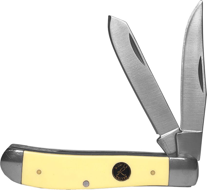 RP0008CYD: Roper Knives Pecos Medium Trapper, yellow Delrin handle, satin 1065 clip and spey blades
