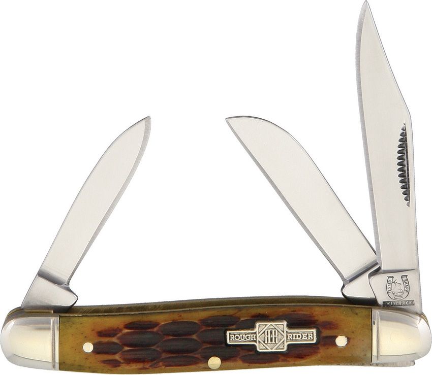 RR194: Rough Ryder Small Stockman, amber jigged bone handle, satin 440 clip pen and sheepsfoot blades