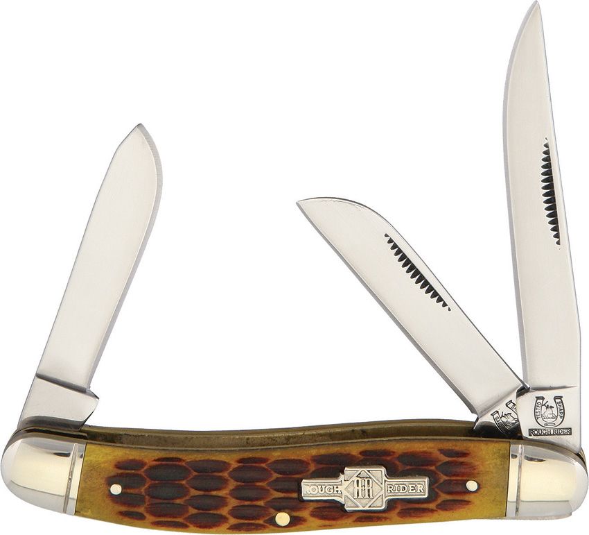 RR438: Rough Ryder Stockman traditional folder, amber jigged bone handle, clip sheepsfoot and spey blades