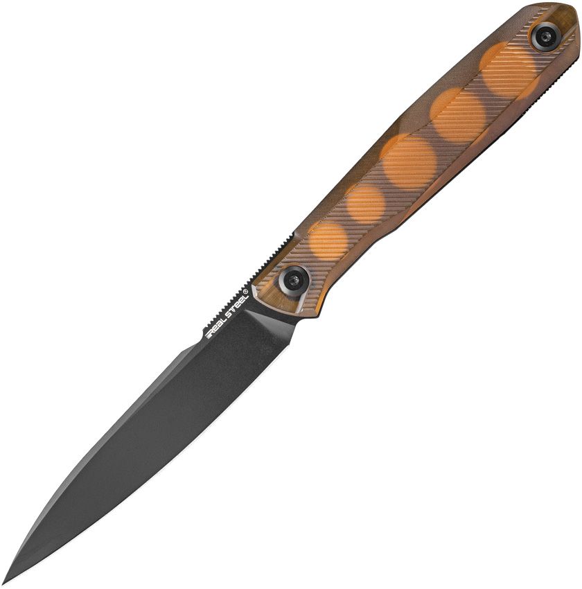 RS3770UM: Real Steel G5 fixed blade, amber Ultem handle, 4" black finish Nitro V stiletto blade