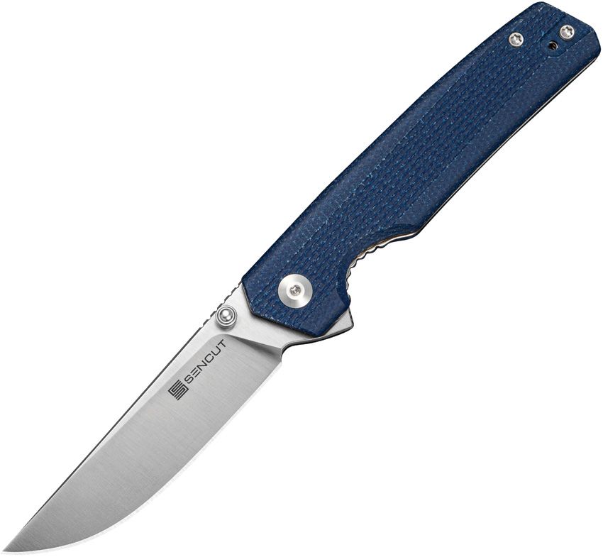 S251123: Sencut Stria linerlock, blue canvas micarta handle, 3.13" satin D2 blade