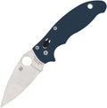 Spyderco Manix 2 folding knife with satin blade and dark blue handle, ball bearing lock system visible.