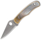 SC133AP: Spyderco Bug slip joint keychain knife, nickel silver handle with abalone inlay, 1.25" satin 12C27 blade