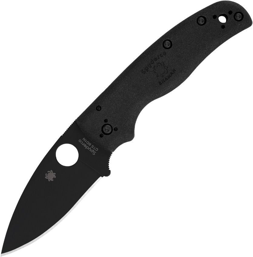 SC229PBBK: Spyderco Shaman Lightweight Compression Lock, black FRN handle, 3.63" black DLC CTS-BD1 blade