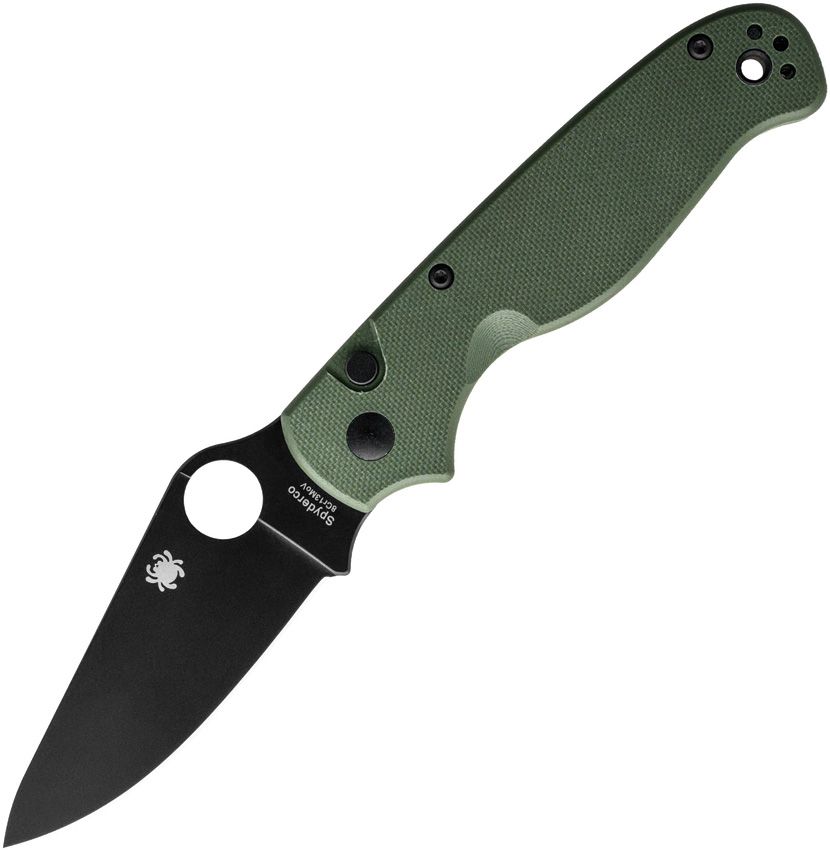 SC275GPGRBK: Spyderco ButtonUp button lock, OD green G10 handle, 3.25" black coated 8Cr13MoV blade