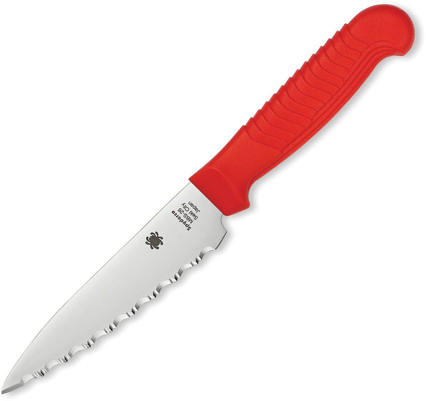 Spyderco serrated paring knife with SpyderEdge MBS26 blade and red polypropylene handle (SCK05SRD)
