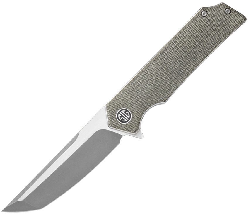 SIGTS8SG: Sig TSURU linerlock, green canvas micarta handle, 3.25" stonewash and satin 154CM tanto blade