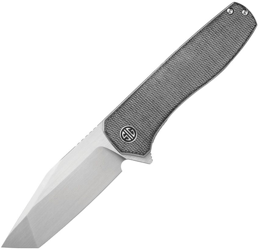 SIGXI6SB: Sig XIPHOS linerlock, black canvas micarta handle, 3.38" satin Nitro V tanto blade