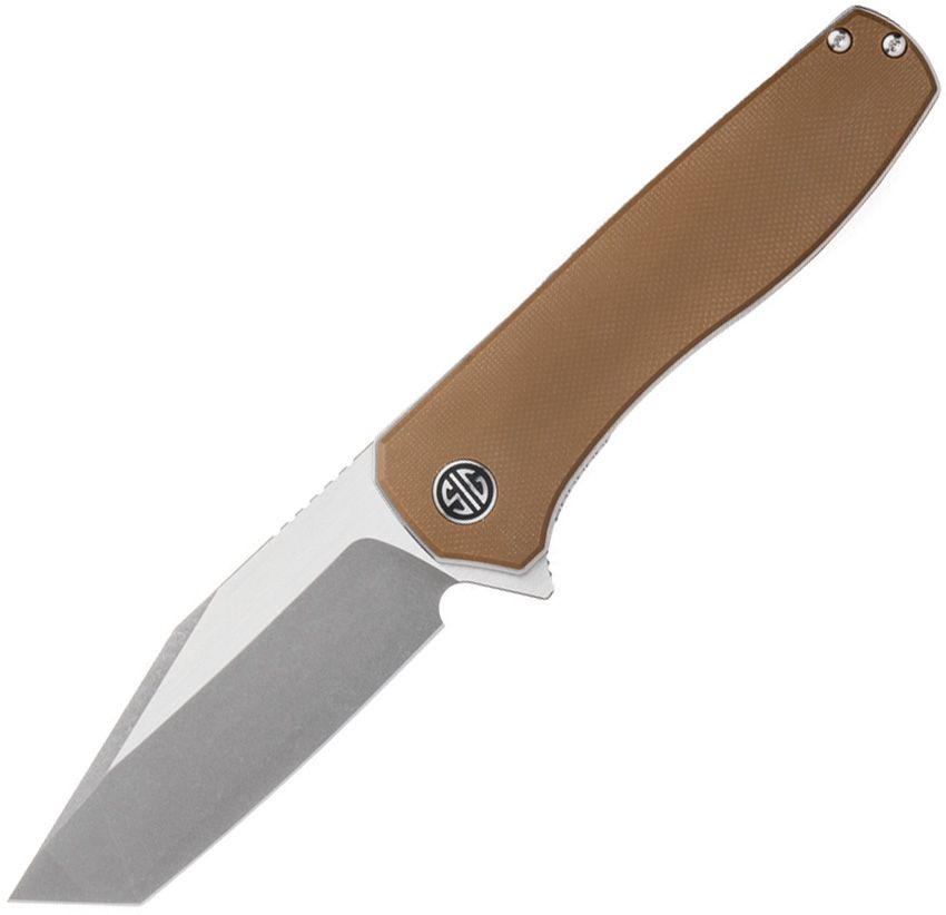 SIGXI6SBRN: Sig XIPHOS linerlock, coyote brown G10 handle, 3.38" satin and acid stonewash Nitro V tanto blade