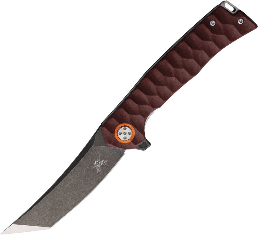 SKW67523: Toor Sao Feng linerlock, red sculpted G10 handle, 3.75" black stonewash 420 stainless tanto blade