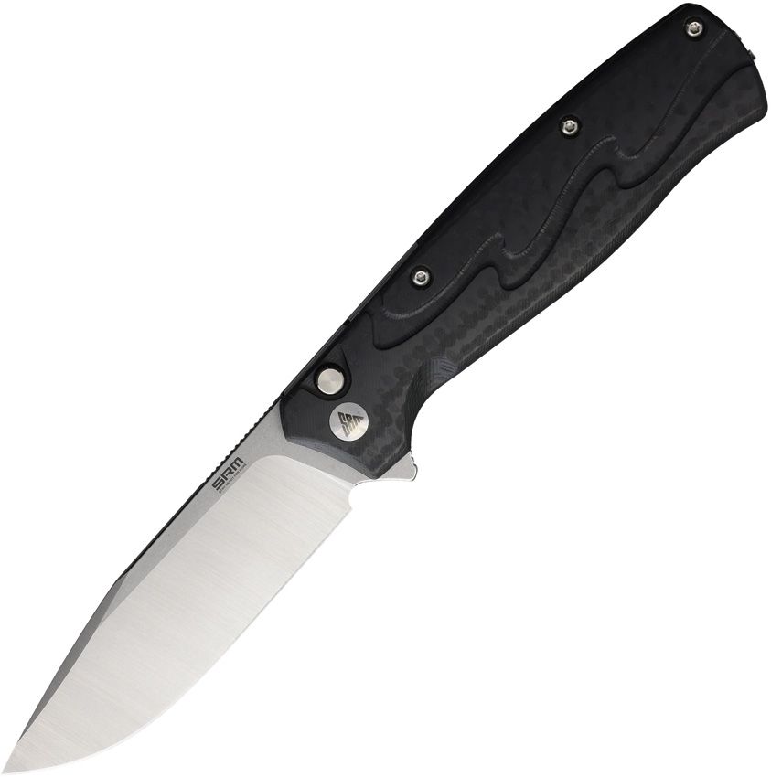 SRM221XGB: SRM Knives 221X button lock, carbon fiber pattern G10 handle, 3.63" brushed 14C28N bowie blade