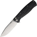 SRM221XGB: SRM Knives 221X button lock, carbon fiber pattern G10 handle, 3.63" brushed 14C28N bowie blade