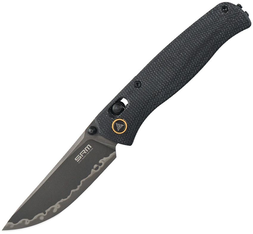 SRM255LMB3: SRM Knives Medal Ambi Lock, black canvas micarta handle, 3.25" blackwash laminated 140Cr blade