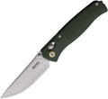 SRM255LMG3: SRM Knives Medal Ambi Lock, OD green canvas micarta handle, 3.25" satin laminated 140Cr blade