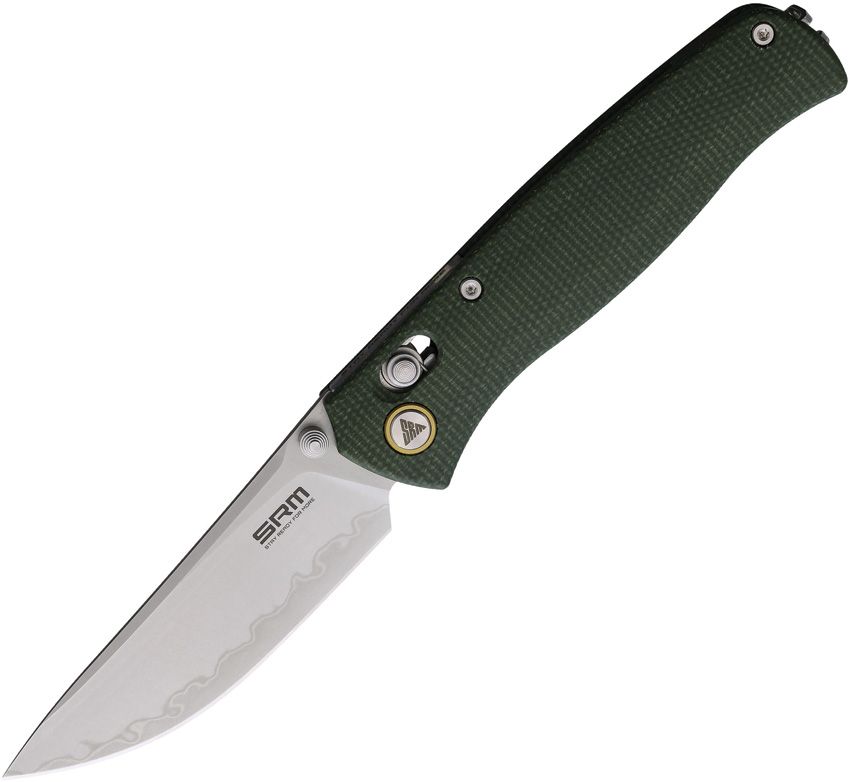 SRM255LMG3: SRM Knives Medal Ambi Lock, OD green canvas micarta handle, 3.25" satin laminated 140Cr blade