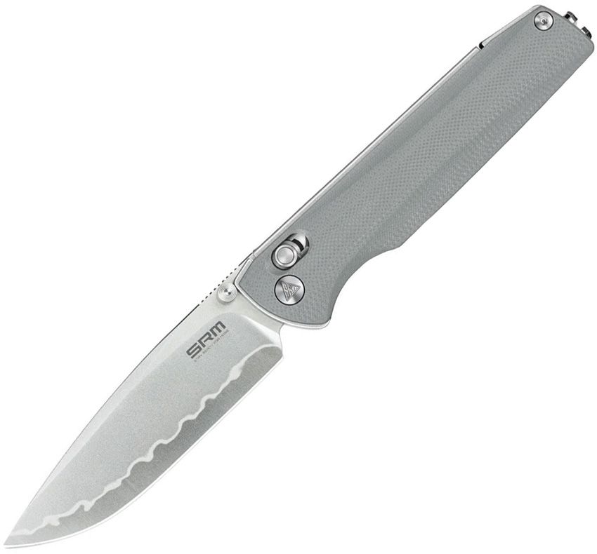 SRM258LGK2: SRM Knives Terrier Ambi Lock, gray G10 handle, 3.63" stonewash laminated 140Cr drop point blade