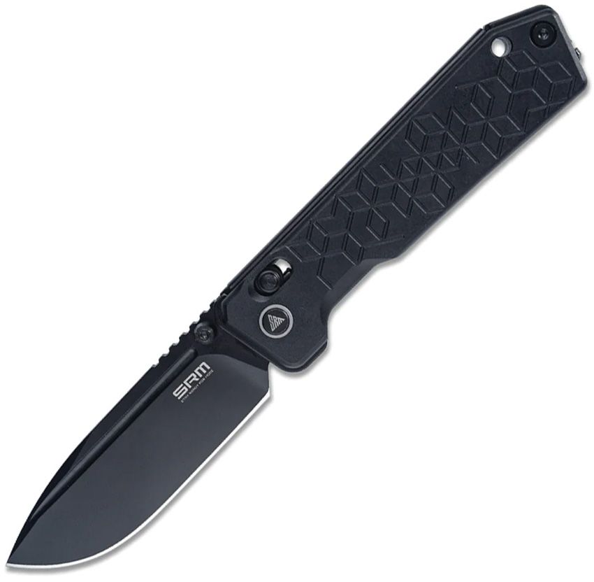 SRM7228BAB2: SRM Knives Rubik Ambi Lock, black textured aluminum handle, 3.5" black titanium coated 14C28N blade