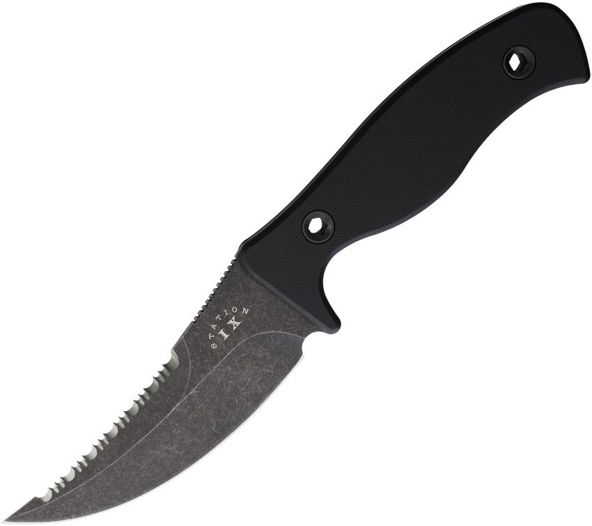 STN012: Station IX Undercover fixed blade, black G10 handle, 4" black stonewash serrated VG-10 upswept blade