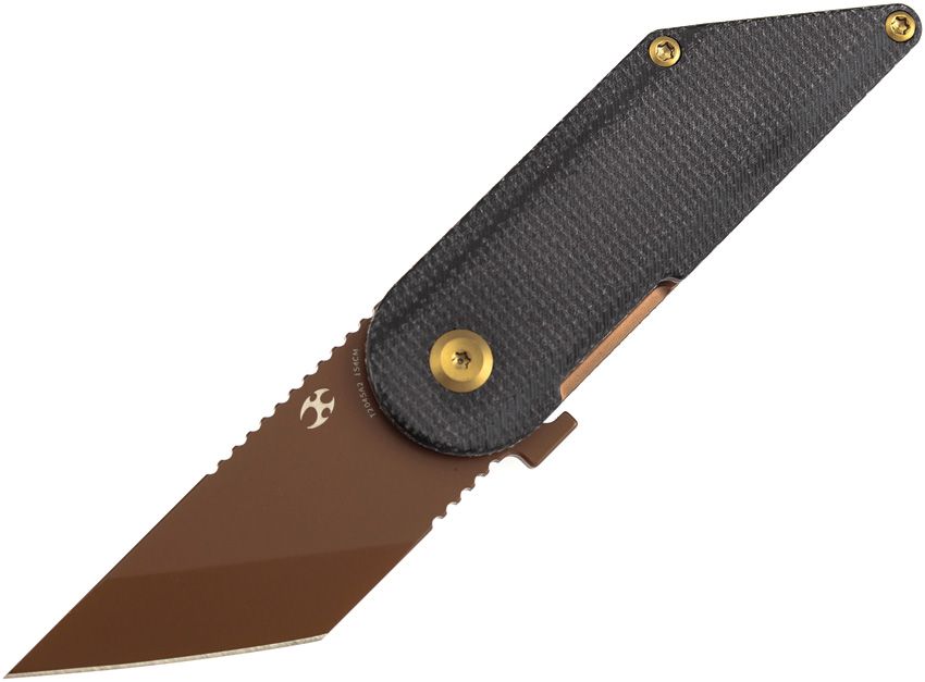 T2045A2: Kansept Dash linerlock, black micarta handle, 2.25" bronze coated tanto 154CM blade