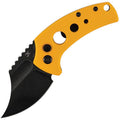 T2144F4: Kansept Wasp button lock, yellow G10 handle, 2.38" BlackWash 154CM Wharncliffe blade