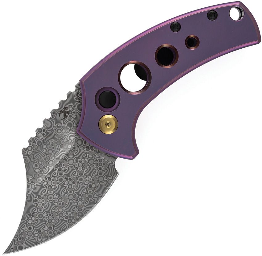 T2144F6: Kansept Wasp button lock, purple anodized titanium handle, 2.38" acid washed Damascus Wharncliffe blade