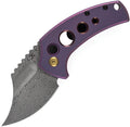 T2144F6: Kansept Wasp button lock, purple anodized titanium handle, 2.38" acid washed Damascus Wharncliffe blade