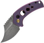 T2144F6: Kansept Wasp button lock, purple anodized titanium handle, 2.38" acid washed Damascus Wharncliffe blade
